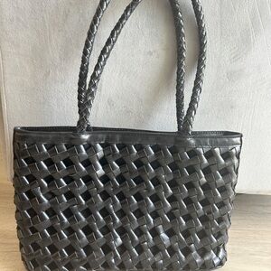 Black Geometric Weave Leather Tote